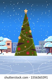 christmas ice rink empty no people snowy city street with decorated fir tree merry christmas happy new year winter holidays concept cityscape background greeting card vertical vector illustration