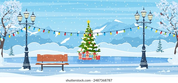 Christmas ice rink with fir tree decorated with illumination. Empty public place in park for skating. cartoon frozen landscape with mountain. Winter day park scene. Vector illustration in flat style