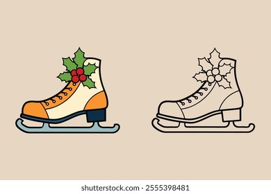 Christmas Ice Skates with Holly Decoration Coloring Page for Kids and Adults