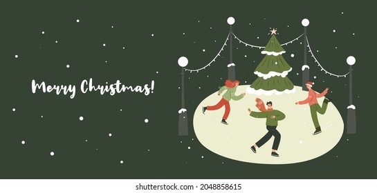 Christmas Ice Skating Banner. People On Ice Rink Having Fun. Christmas Tree, Snow, Ugly Sweaters. Flat Vector Illustration