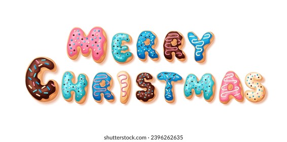 Christmas icing font concept. Merry Christmas inscription. Colorful pastry and bakery letters. Graphic element for website. Cartoon flat vector illustration isolated on white background