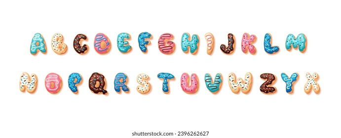 Christmas icing font concept. Pack of letters. Colorful pastry and bakery alphabet. Winter holidays and festivals. Poster or banner. Cartoon flat vector illustration isolated on white background