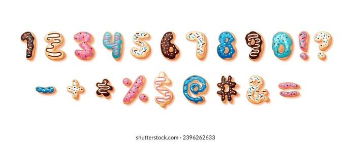 Christmas icing font concept. Pack of numbers. Colorful pastry and bakery letters. Winter holidays and festivals. Template and layout. Cartoon flat vector illustration isolated on white background