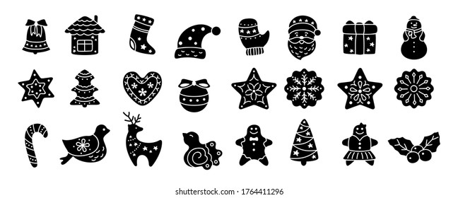 Christmas icon, black glyph. Flat cartoon set. Silhouette New years signs, icons collection bird, holly, house, deer and candy, snowflakes, sock, Christmas tree bell star. Isolated vector illustration