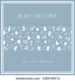 Christmas icon card elements white border frame pattern ice blue background.