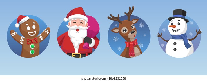 Christmas icon Character Sets Bundle, Santa, Gingerbread, Deer and Snow Man