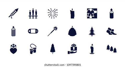 Christmas icon. collection of 18 christmas filled icons such as pine tree, sparklers, candle, heart frozen, portable console. editable christmas icons for web and mobile.