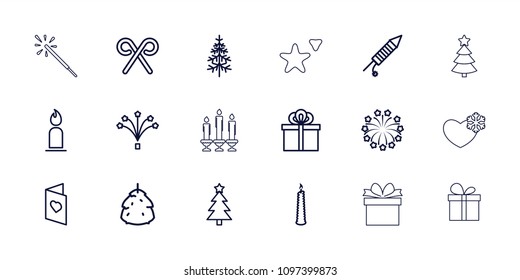 Christmas icon. collection of 18 christmas outline icons such as berry, candle, pine-tree, candy cane, fireworks, gift, love card. editable christmas icons for web and mobile.