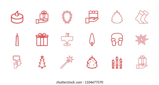 Christmas icon. collection of 18 christmas outline icons such as berry, mittens, gift, pine-tree, present, gift on hand, candle. editable christmas icons for web and mobile.
