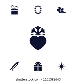 Christmas icon. collection of 7 christmas filled icons such as heart frozen, star, fireworks, gift, present, socks. editable christmas icons for web and mobile.