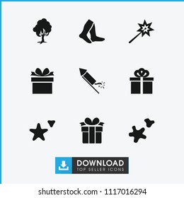 Christmas icon. collection of 9 christmas filled icons such as socks, sparklers, cookie, gift, tree, present. editable christmas icons for web and mobile.