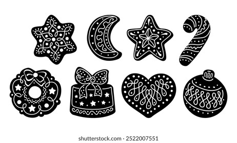 Christmas icon collection in black silhouettes. Vector Illustration of isolated design elements on white background. Festive shapes of gingerbread cookies with decorative icing.