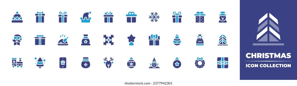 Christmas icon collection. Duotone color. Vector and transparent illustration. Containing christmas present, gift, gift box, star, turkey leg, bauble, train toy, boxing day, christmas, elf hat, sack.