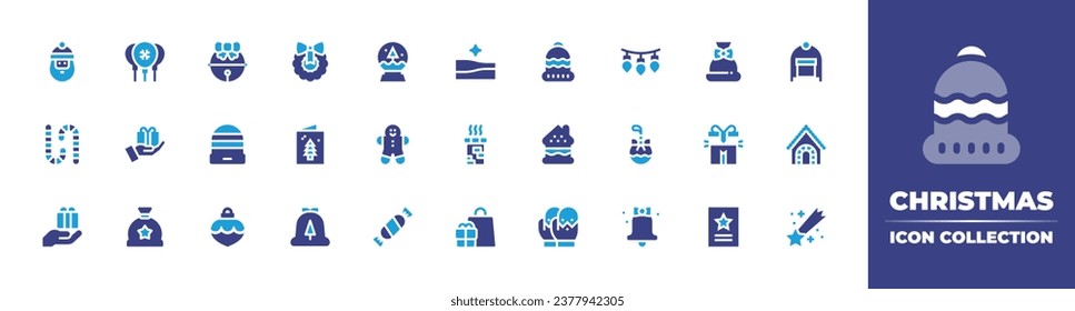 Christmas icon collection. Duotone color. Vector and transparent illustration. Containing santa claus, star, candy cane, chimney, gift box, gifts, wreath, bag, christmas card, gift bag, greeting card.