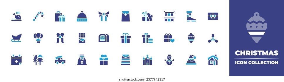 Christmas icon collection. Duotone color. Vector and transparent illustration. Containing turkey, bag, boxing day, christmas, christmas sled, gift, christmas present, giftbox, pickup truck, snowman.