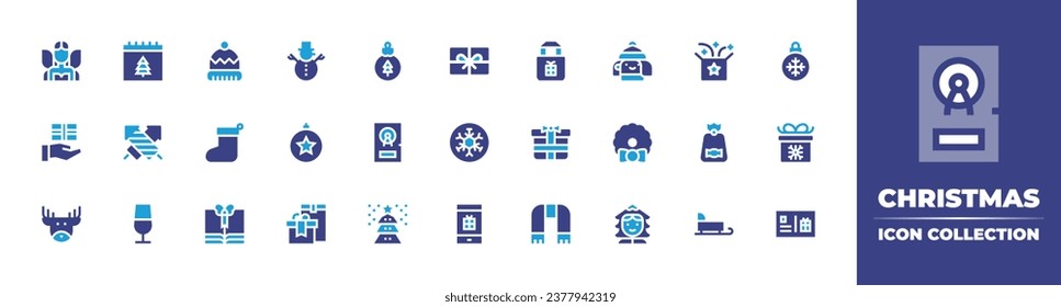 Christmas icon collection. Duotone color. Vector and transparent illustration. Containing christmas day, christmas present, snowman, surprise box, bauble, fireworks, gift, candy bag, champagne.