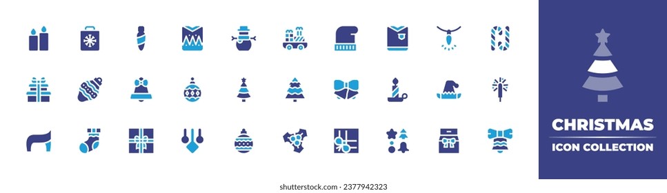 Christmas icon collection. Duotone color. Vector and transparent illustration. Containing light bulb, pullover, sweater, bauble, candles, bell, candle, christmas ball, elf hat, gift, ginger cookies.