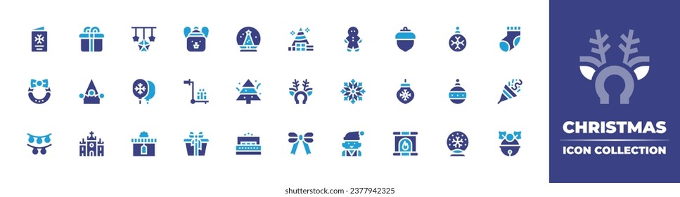 Christmas icon collection. Duotone color. Vector and transparent illustration. Containing snowball, sock, christmas tree, confetti, gold, jingle bell, bunny, christmas ball, box, present, snow ball.