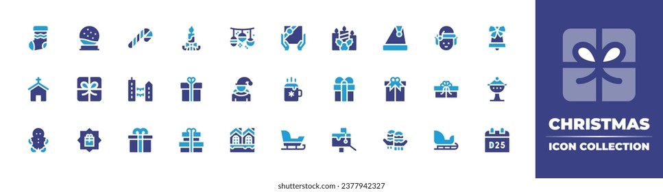 Christmas icon collection. Duotone color. Vector and transparent illustration. Containing baubles, bell, elf, frankincense, city, december, christmas candle, gift, present, sleigh, candy cane.