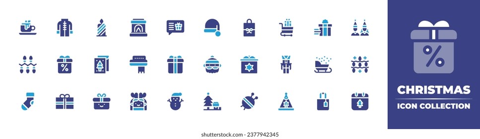 Christmas icon collection. Duotone color. Vector and transparent illustration. Containing candle, cart, fireplace, gift box, coffee cup, santa claus, greeting card, nutcracker, scarf, sledge, lights.