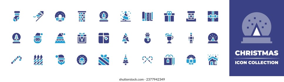 Christmas icon collection. Duotone color. Vector and transparent illustration. Containing christmas sock, christmas tree, snowglobe, tree, candy cane, christmas, chimney, necklace, nutcracker, wreath.