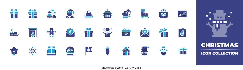 Christmas icon collection. Duotone color. Vector and transparent illustration. Containing candle, christmas, gift, greeting card, flag, elf, gift bag, open box, snow globe, snowman, christmas tree.