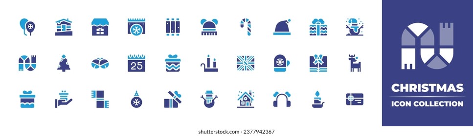 Christmas icon collection. Duotone color. Vector and transparent illustration. Containing calendar, christmas present, christmas day, ball, candle, cabin, candy cane, christmas tree, gift, house, ball