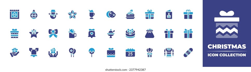 Christmas icon collection. Duotone color. Vector and transparent illustration. Containing star, greeting card, cocoa, gift, christmas present, christmas sweater, bell, dessert.