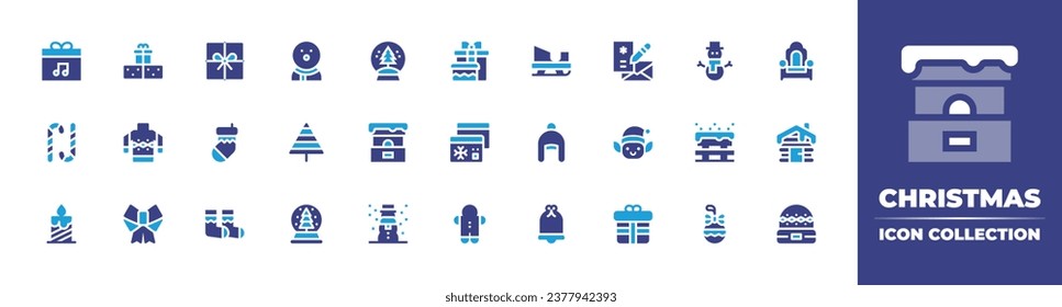 Christmas icon collection. Duotone color. Vector and transparent illustration. Containing snowman, tree, bench, snow globe, christmas ball, present, sleigh, sweater, winter hat, bow, christmas bell.
