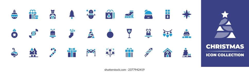 Christmas icon collection. Duotone color. Vector and transparent illustration. Containing snowman, star, christmas tree, christmas lights, candy cane, tree, chocolate bar, christmas sock, garland.