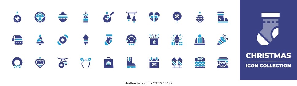 Christmas icon collection. Duotone color. Vector and transparent illustration. Containing ball, balloon, champagne, christmas ball, decoration, candy, tree, fireworks.