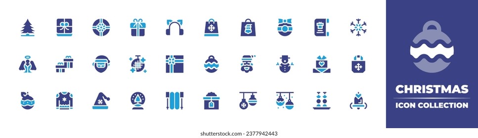 Christmas icon collection. Duotone color. Vector and transparent illustration. Containing boxing day, christmas wreath, pine, santa claus, snowman, angel, santa hat, bauble, christmas ball, gift.