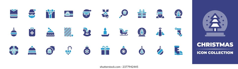 Christmas icon collection. Duotone color. Vector and transparent illustration. Containing gift, gift card, santa claus, sweater, bells, pudding, snow globe, wrapping paper, angel, christmas ball.