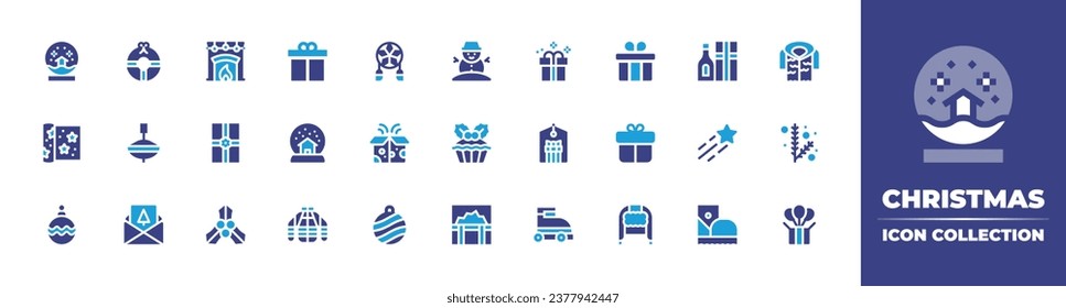 Christmas icon collection. Duotone color. Vector and transparent illustration. Containing fireplace, gift, snowball, snowman, present box, star, wrapping paper, cake, mistletoe, winter hat, sweater.