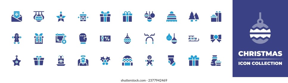 Christmas icon collection. Duotone color. Vector and transparent illustration. Containing star, winter hat, christmas, ball, candle, sock, bauble, baubles, present.