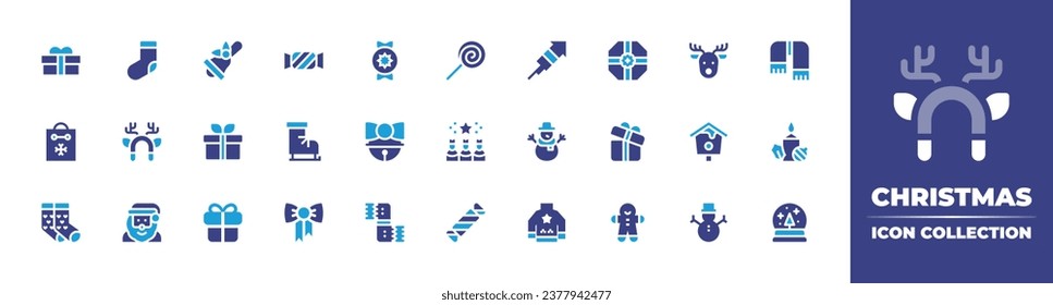 Christmas icon collection. Duotone color. Vector and transparent illustration. Containing bell, boxing day, gift, lollipop, gift box, shopping bag, three wise men, gingerbread, christmas socks.