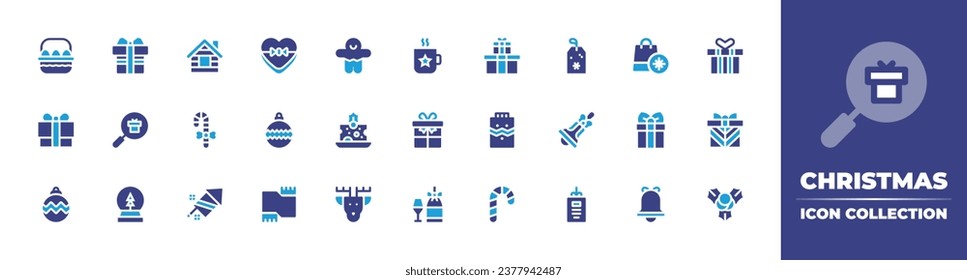 Christmas icon collection. Duotone color. Vector and transparent illustration. Containing cabin, christmas, christmas present, cocoa, gift, gift box, fireworks, gift card, bauble, champagne, search.