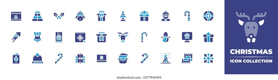 Christmas icon collection. Duotone color. Vector and transparent illustration. Containing calendar, christmas tree, mistletoe, mrs claus, petard, reindeer, mobile phone, snowman, postcard, santa.