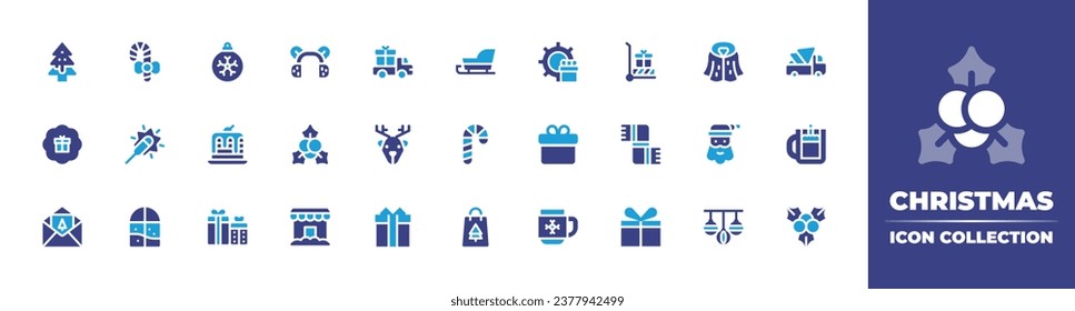 Christmas icon collection. Duotone color. Vector and transparent illustration. Containing gingerbread, sled, bauble, boxing day, candy cane, cake, christmas, christmas present, gift, giftbox, earmuff.