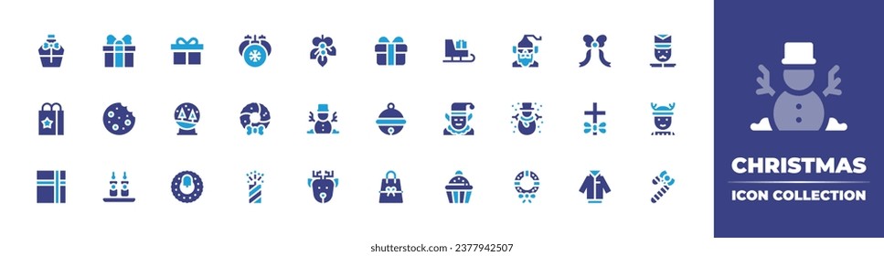 Christmas icon collection. Duotone color. Vector and transparent illustration. Containing christmas present, gift, nisse, gift bag, jingle bell, snow globe, snowman, wreath, christmas wreath, bauble.