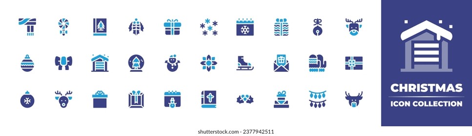 Christmas icon collection. Duotone color. Vector and transparent illustration. Containing scarf, snow, book, boxing day, bauble, christmas, garage, letter, bible, gift, mistletoe, sleigh bell, snow.