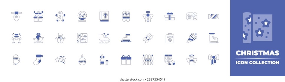 Christmas icon collection. Duotone style line stroke and bold. Vector illustration. Containing gift, shopping bag, christmas socks, snowball, wrapping paper, christmas ball, christmas sock, box.
