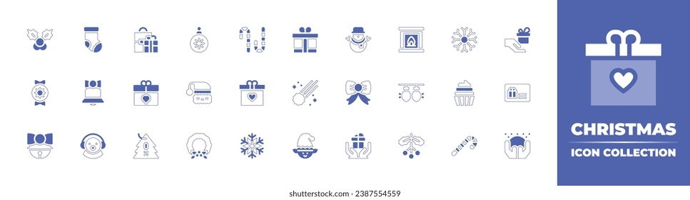 Christmas icon collection. Duotone style line stroke and bold. Vector illustration. Containing fireplace, light, mistletoe, christmas ball, christmas hat, wreath, christmas sock, packard bell, snowman