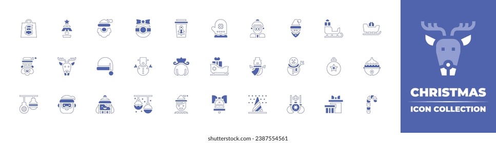 Christmas icon collection. Duotone style line stroke and bold. Vector illustration. Containing christmas tree, christmas wreath, mrs claus, sleigh, reindeer, snowman, bauble, santa claus, candy cane.