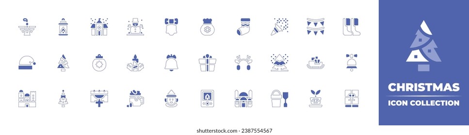 Christmas icon collection. Duotone style line stroke and bold. Vector illustration. Containing decorative, bell, lamp, christmas bag, school, christmas stocking, snowman, stocking, confetti, garland.