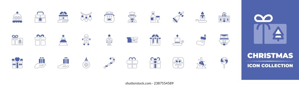 Christmas icon collection. Duotone style line stroke and bold. Vector illustration. Containing winter hat, gift shop, letters, candle, christmas present, melchor, wine, light, bell, nutcracker.