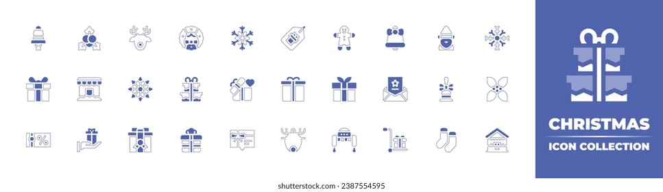 Christmas icon collection. Duotone style line stroke and bold. Vector illustration. Containing christmas wreath, gift box, mistletoe, gift, store, bell, christmas card, delivery, snowflakes, dwarf.