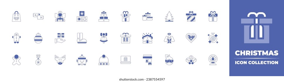 Christmas icon collection. Duotone style line stroke and bold. Vector illustration. Containing pine, angel, christmas ball, toys, boot, elf, scarf, bauble, christmas present, gift, bell, gingerbread.