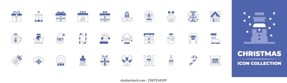 Christmas icon collection. Duotone style line stroke and bold. Vector illustration. Containing gift, muffin, santa hat, snowman, bauble, christmas ball, house, present, santa, boot, hot chocolate.