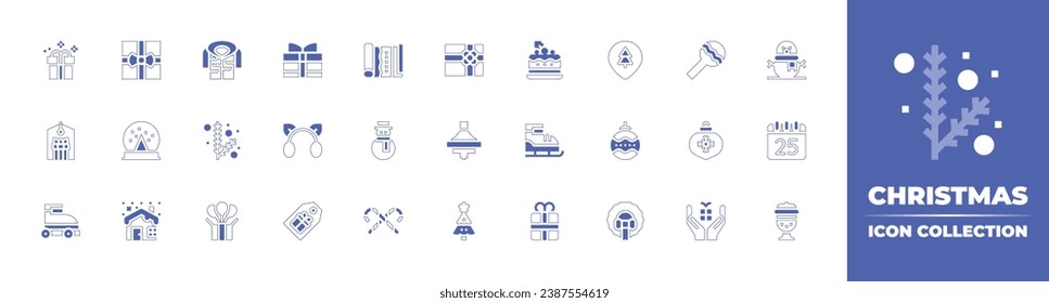 Christmas icon collection. Duotone style line stroke and bold. Vector illustration. Containing snowman, christmas day, myrrh, gift wrap, placeholder, bauble, candy cane, christmas wreath, gift.